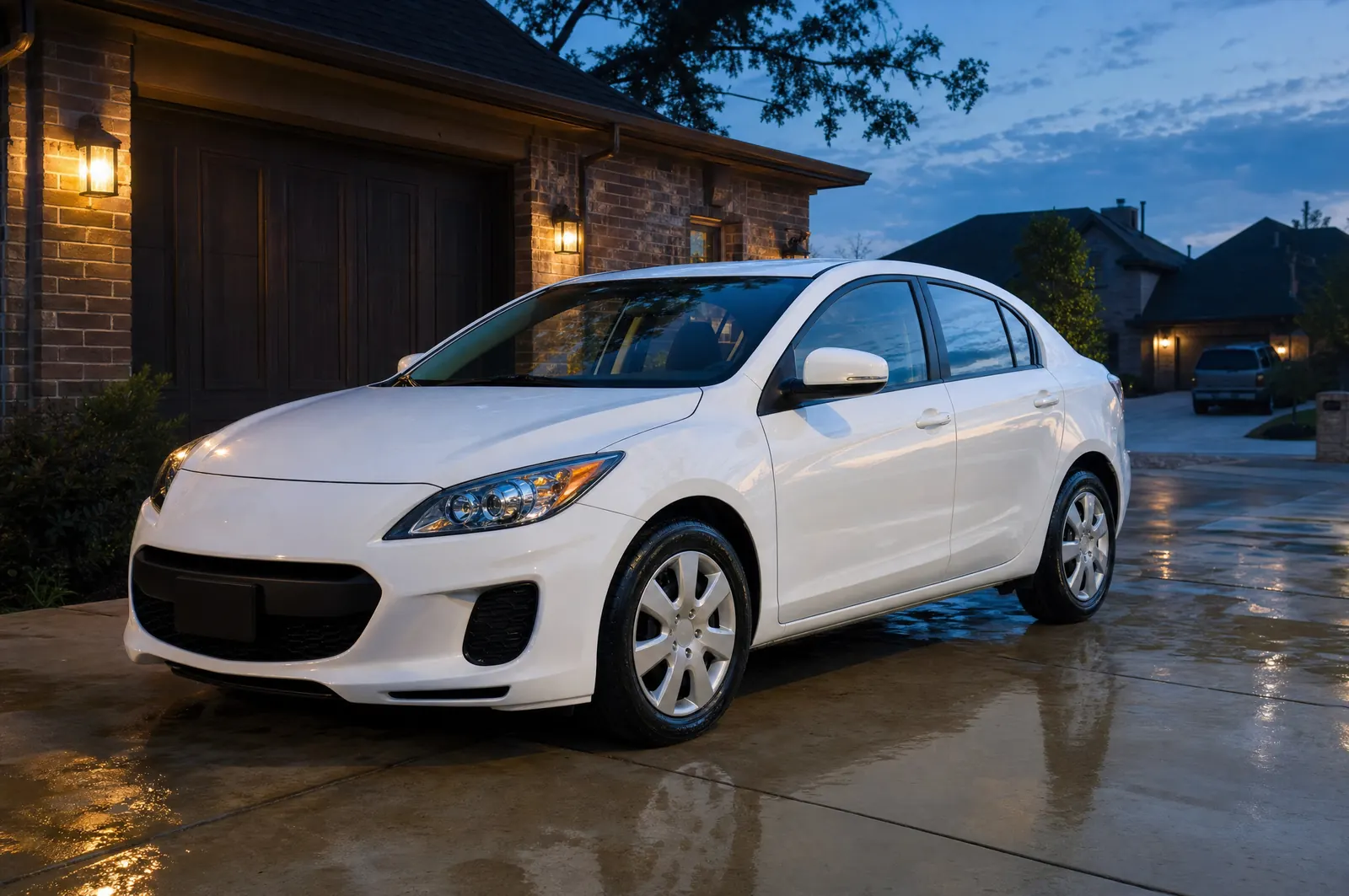 A white sedan with a fresh wax shine on a driveway at dusk