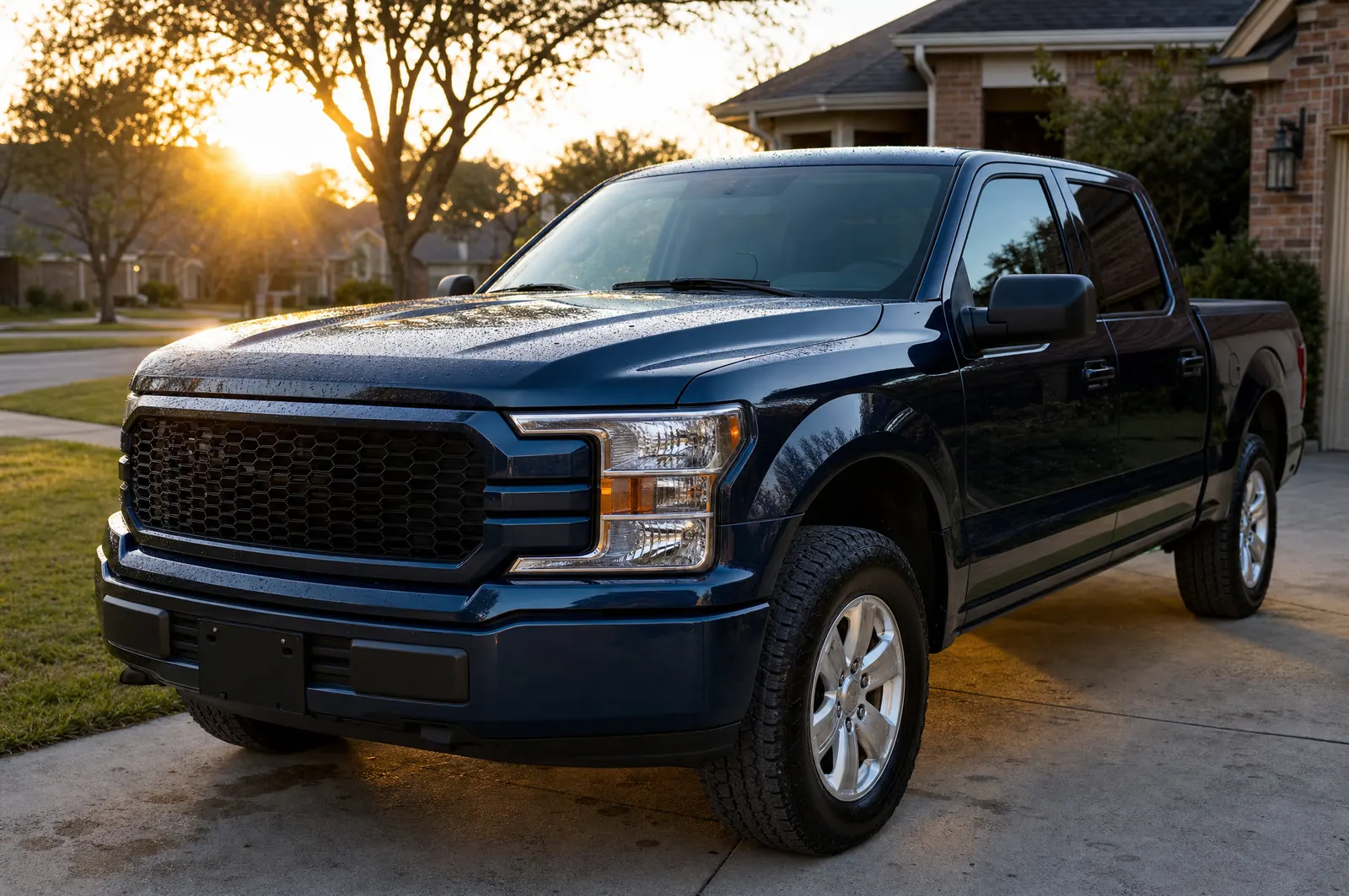 A dark blue pickup truck beaded with water after a detail at golden hour