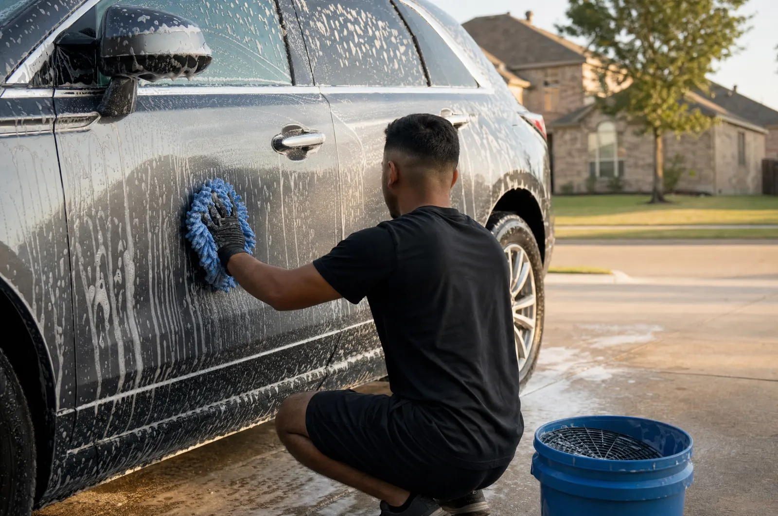 A detailer hand washing a foam-covered car in a suburban driveway